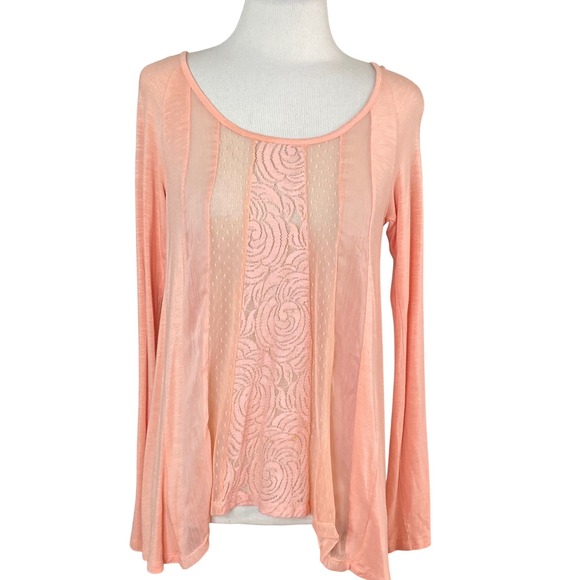 Jolt Tops - Jolt Peach‎ Lace Mesh orange Long Sleeve Top Small Boho Button Back Cottagecore